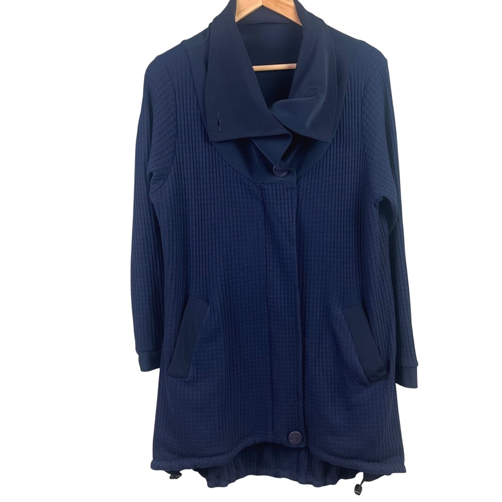 Sympli‎ Blue Go To Hybrid Waffle Knit High Collar Zip Button Sweater Cardigan 12